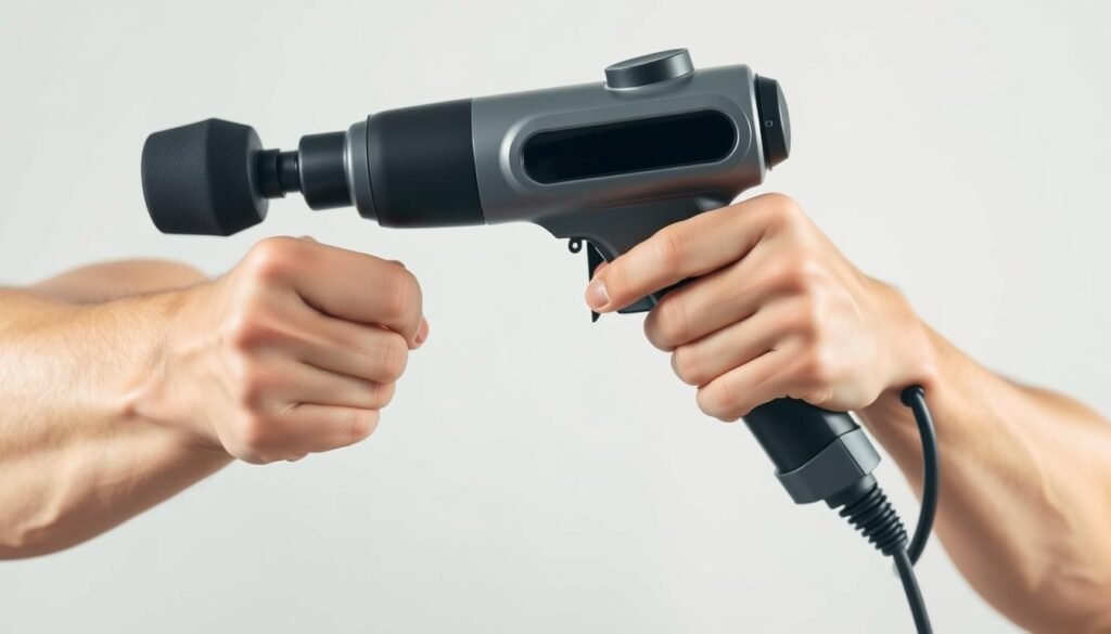A close-up shot of a muscular male arm using a professional-grade hot and cold massage gun, with a neutral expression on the person's face. The device should be shown in detail, with its various attachments and controls clearly visible. The background should be a clean, minimalist studio setting with soft, natural lighting to highlight the textures and contours of the arm and massage device. The overall mood should convey a sense of relaxation, recovery, and the effectiveness of the massage gun for personal muscle relief.