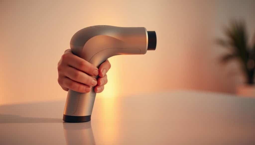 A close-up shot of a person's hand delicately adjusting the settings on a sleek, modern massage gun. The device is situated on a clean, minimalist surface, bathed in warm, diffused lighting that highlights its sophisticated, ergonomic design. The background is slightly blurred, creating a sense of focus and attention on the task at hand. The overall mood is one of concentration, precision, and a desire to optimize the massage experience for maximum comfort and effectiveness.
