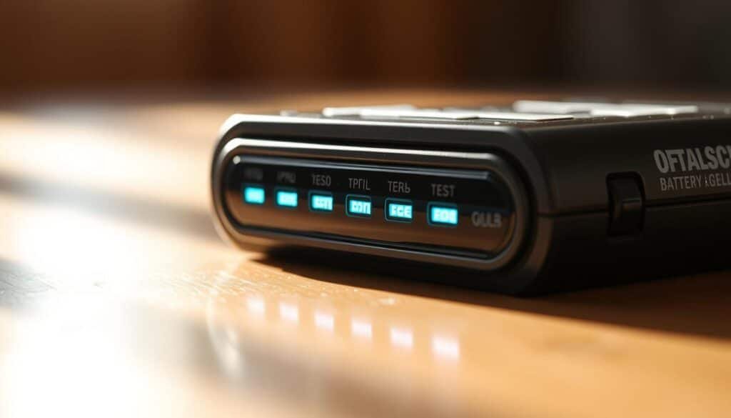 A close-up shot of a rechargeable battery pack, its sleek metallic surface gleaming under bright, natural lighting. The battery displays a series of LED indicators, each one lighting up to signify the remaining charge level. The background is blurred, drawing the viewer's focus to the battery's tactile, high-quality construction. The overall mood conveys a sense of power, reliability, and advanced technology, perfectly capturing the essence of a professional-grade cordless massage gun's battery and rechargeability.
