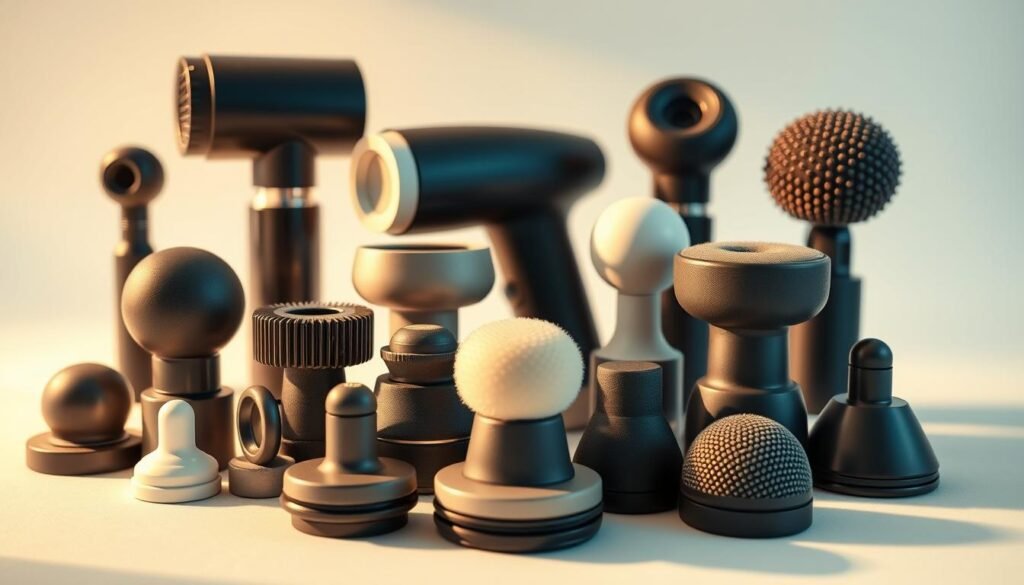 A close-up shot of an arrangement of various massage attachments for a massage gun, showcased against a clean, minimalist background. The attachments are displayed in an organized manner, highlighting their diverse shapes, sizes, and textures, including round, flat, and contoured heads, as well as soft and firm options. Warm, natural lighting illuminates the scene, emphasizing the versatility and attention to detail of the massage accessories. The image conveys a sense of professionalism, functionality, and the potential for a personalized, effective massage experience.
