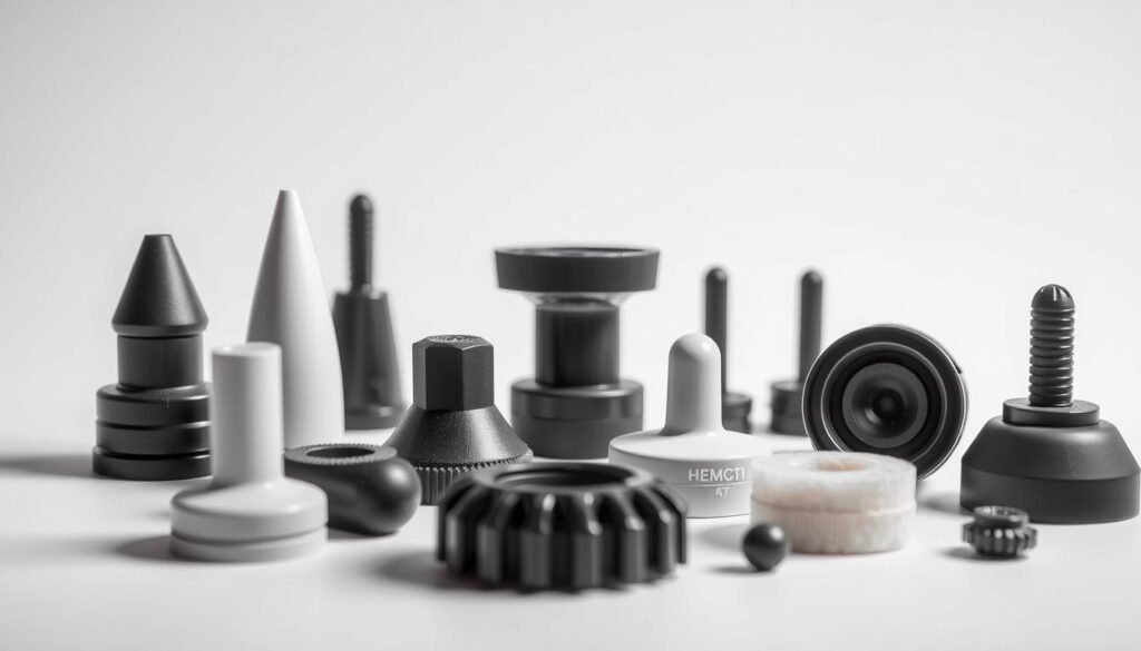 A close-up shot of various massage gun attachments and accessories against a clean, white background. The attachments are arranged neatly, showcasing their diverse shapes and textures, including pointed, round, and flat-tipped heads, as well as soft foam and rigid plastic materials. The lighting is soft and diffused, creating subtle shadows that highlight the contours and details of each piece. The overall mood is one of clinical precision and product-focused showcasing, emphasizing the versatility and utility of these recovery tools.