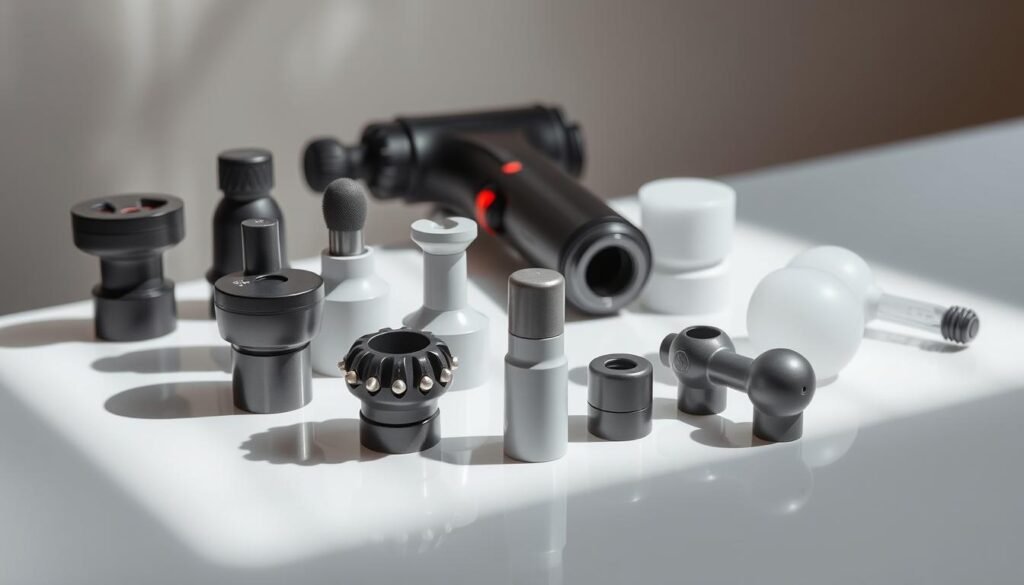 A close-up shot of various massage gun attachments arranged neatly on a sleek, modern surface. The attachments, made of high-quality materials, are displayed in a clean, well-lit environment, showcasing their different shapes, sizes, and textures. The lighting is soft and directional, creating subtle shadows that accentuate the contours of the attachments. The background is a neutral, muted color, allowing the massage tools to be the focal point of the image. The overall composition is balanced and visually appealing, highlighting the versatility and functionality of the massage gun accessories.