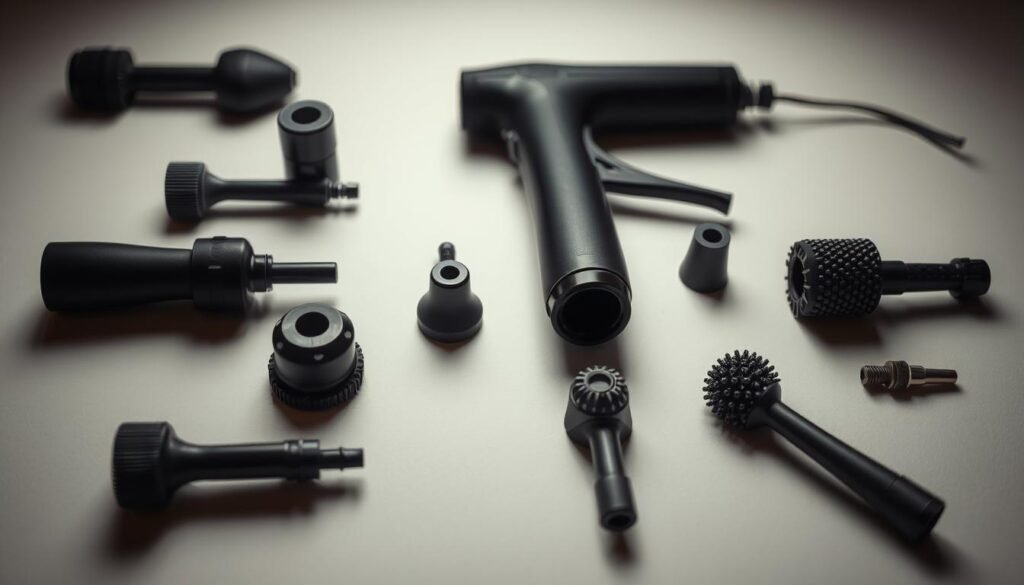 A close-up shot of various massage gun attachments laid out on a clean, minimalist surface. The attachments are arranged in an organized, visually appealing manner, showcasing their different shapes, sizes, and textures. Soft, diffused lighting illuminates the scene, creating a sense of clarity and focus. The background is a neutral, muted tone that allows the attachments to take center stage. The overall mood is one of thoughtful curation and considered selection, inviting the viewer to imagine how these specialized tools could be used to target specific muscle groups and alleviate trigger points.