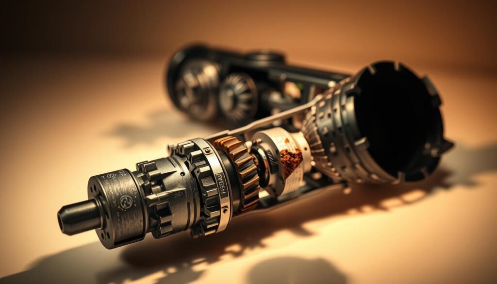 A close-up view of a disassembled massage gun, revealing its internal components. The foreground displays the motor, gears, and other mechanical parts in vivid detail, showcasing common points of failure. The middle ground features a damaged or worn attachment head, highlighting potential issues with the device's attachments. The background depicts a neutral, dimly lit workspace, creating a technical and problem-solving atmosphere. Warm, directional lighting casts dramatic shadows, emphasizing the intricate nature of the device's inner workings. The overall composition conveys a sense of troubleshooting and understanding the underlying causes of massage gun malfunctions.