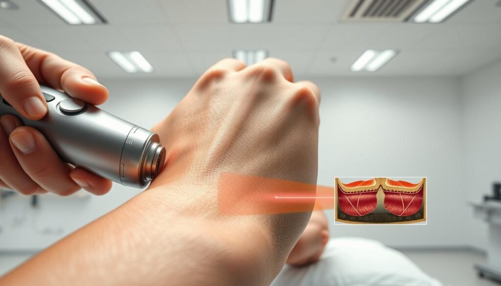 A close-up view of a human hand applying deep tissue massage using a percussive therapy device. The foreground showcases the intricate mechanisms of the massage tool, its sleek design, and the tactile interaction with the skin. The middle ground depicts the musculature and connective tissue beneath the surface, with a scientific cross-section highlighting the effects of the percussive action on the deep tissues. The background features a clean, minimalist laboratory setting, with subtle references to medical and biomechanical research, conveying a sense of scientific rigor and the therapeutic benefits of this modality. The lighting is crisp and evenly distributed, creating a clinical yet visually engaging atmosphere that emphasizes the technical aspects of percussive therapy and its role in recovery.