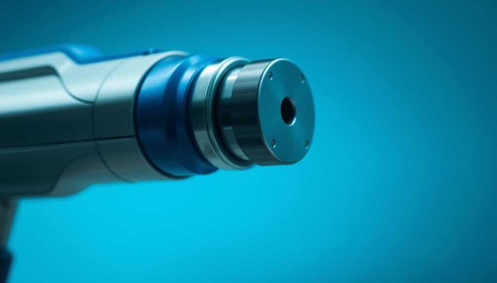 A close-up view of a massage gun head, its vibrating metal plate capturing the dynamic motion of "percussions per minute". The foreground features the gun's sleek, futuristic design in shades of grey and blue, with a striking metallic finish that reflects the surrounding lighting. The middle ground showcases the rapid movement of the massage head, blurred to emphasize the intensity of the pulsing action. In the background, a soft, out-of-focus gradient in calming hues of blue and green creates a sense of depth and serenity, complementing the technical focus of the massage gun. The overall composition conveys the advanced, high-performance nature of massage gun technology.