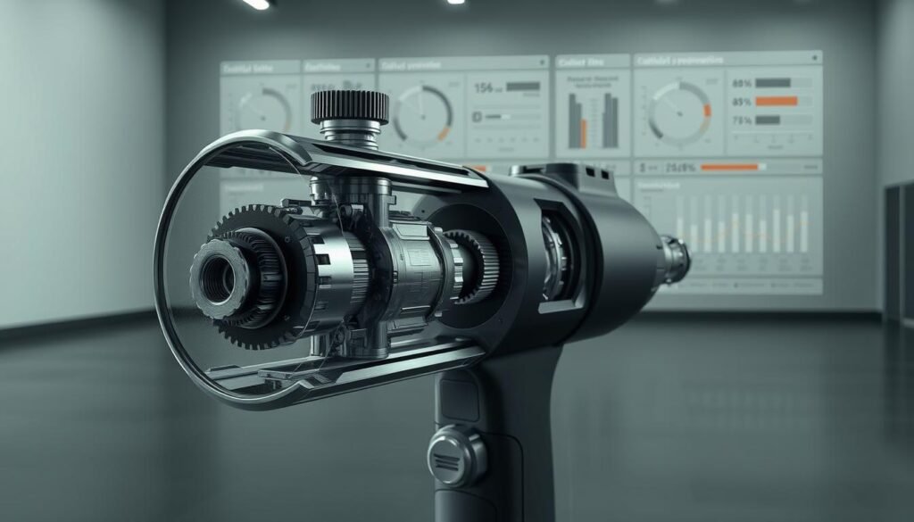 A close-up view of a massage gun's internal components, showcasing the intricate mechanisms that generate the device's amplitude and percussion rates. The foreground features a cross-sectional rendering of the device, meticulously detailed, with moving parts and internal gears visible. The middle ground displays a series of technical diagrams and charts, illustrating the various settings and performance metrics of the massage gun. The background is a minimalist, industrial-style setting, with a muted color palette and subtle lighting to emphasize the technical nature of the subject. The overall atmosphere conveys a sense of precision, engineering, and the importance of understanding the technical specifications when selecting a massage gun.