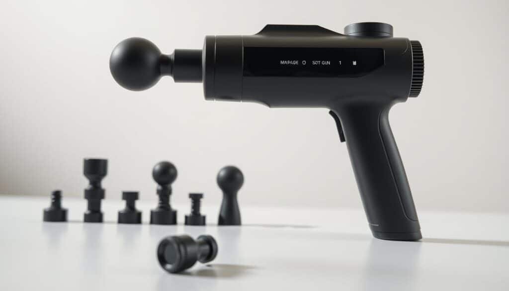 A close-up view of a modern massage gun, showcasing its key features. The device is positioned in the foreground, with a sleek, ergonomic design and various attachments displayed prominently. The mid-ground highlights the gun's intuitive controls, including speed settings and battery indicator. The background features a clean, minimalist environment, allowing the product to take center stage. Soft, directional lighting emphasizes the textures and contours of the massage gun, creating a sense of quality and precision. The overall scene conveys the thoughtful engineering and practical functionality of this therapeutic tool.