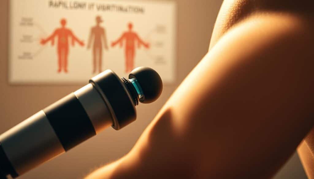 A close-up view of a percussive therapy device, its head pulsating against a muscular forearm. The scene is bathed in a warm, clinical lighting, casting subtle shadows that highlight the device's intricate mechanisms. In the background, a blurred schematic diagram illustrates the science behind this therapeutic technology, showcasing the physiological effects of its rapid, targeted vibrations on muscle tissue. The composition conveys a sense of precision, efficiency, and the symbiotic relationship between the tool and the human body it aims to soothe and rejuvenate.