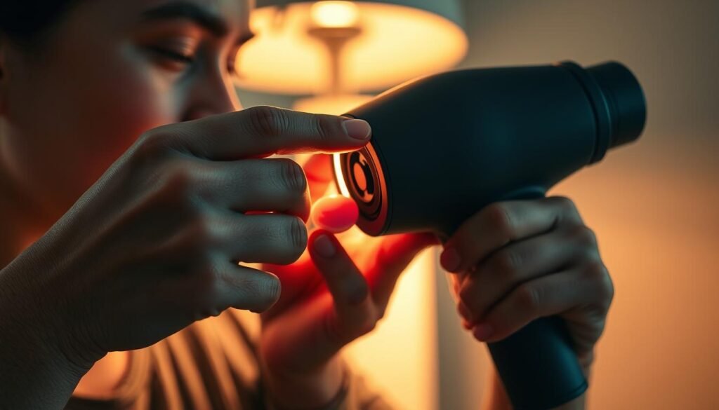 A close-up view of a person's hands closely inspecting the charging port of a Renpho massage gun. The port is illuminated by a warm desk lamp, casting a soft glow and creating defined shadows. The background is blurred, with a subtle gradient of muted tones, keeping the focus on the task at hand. The expression on the person's face conveys careful concentration as they thoroughly examine the port for any signs of damage or obstruction. The image communicates the initial troubleshooting steps required to diagnose and resolve a charging issue with the Renpho device.