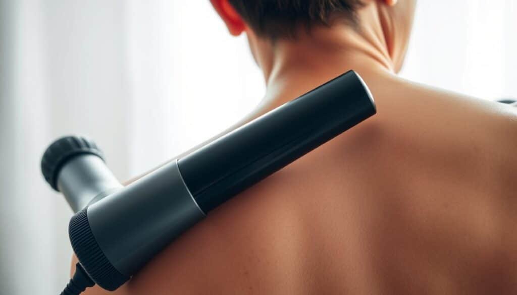 A close-up view of a person's lower back, with a massage gun gently gliding across the skin. The scene is captured in soft, natural lighting, creating a soothing and relaxing atmosphere. The gun's vibrations can be seen rippling through the muscles, as the person's expression conveys a sense of relief and comfort. The background is blurred, keeping the focus on the massage action and the individual's experience. The overall composition suggests the restorative benefits of using a massage gun to alleviate lower back pain.