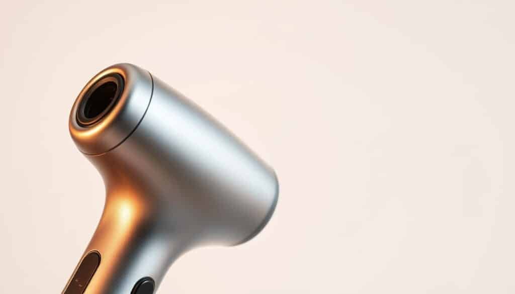 A close-up view of a sleek, metallic percussion therapy device against a clean, minimalist background. The device features a contoured, ergonomic handle and a spherical massage head with vibrating components. The metallic body reflects a warm, directional lighting, creating a sense of quality and sophistication. The overall composition emphasizes the technical details and functionality of the device, inviting the viewer to imagine its soothing, therapeutic effects on sore muscles and stiff joints.