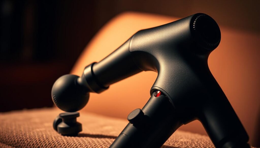 A close-up view of a sleek, modern deep tissue percussion device with a black matte finish. The device has an ergonomic handle and a variety of massage heads, showcasing its versatile functionality. The scene is illuminated by warm, directional lighting, casting subtle shadows that highlight the device's contours and textures. The background is blurred, placing the focus entirely on the massage gun's design, features, and build quality.