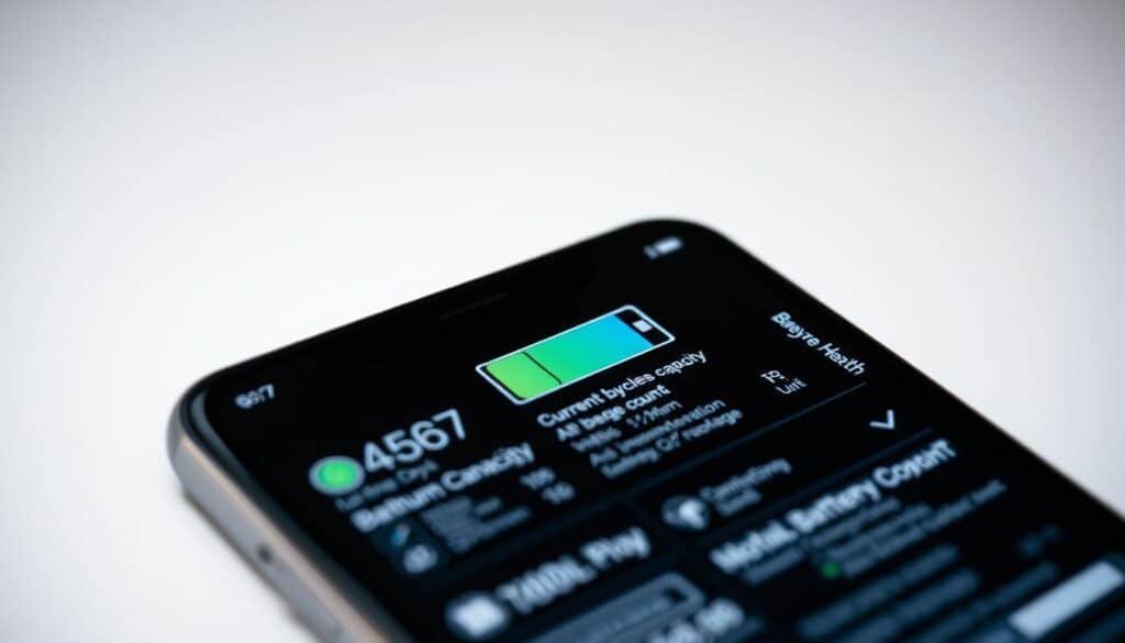 A close-up view of a smartphone or device's battery health screen, showcasing detailed battery information and metrics such as current charge level, battery cycle count, maximum capacity, and battery health percentage. The screen is displayed against a clean, minimalist background, with a soft, warm lighting arrangement that highlights the display's clarity and legibility. The overall composition emphasizes the importance of evaluating battery performance and the need to maintain a healthy battery for optimal device functionality, supporting the article's subject and section title.