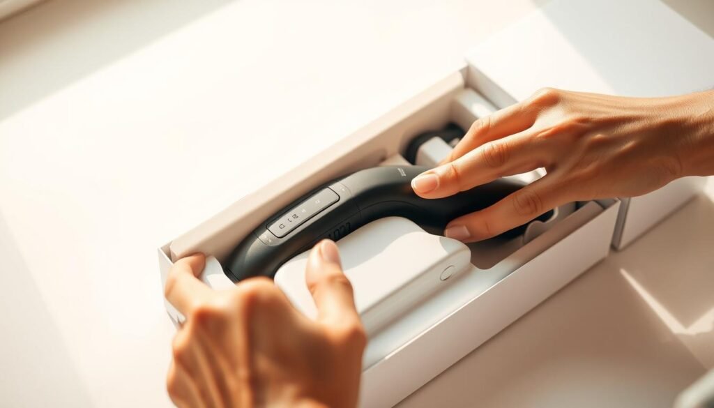A close-up view of a stylish black massage device being carefully removed from its pristine white packaging. The sleek, ergonomic design is highlighted by warm, natural lighting that casts subtle shadows, creating a sense of depth and dimension. The background is a clean, minimalist surface, allowing the device to take center stage and showcase its premium quality. The image conveys a sense of anticipation and excitement, inviting the viewer to explore the features and capabilities of this cutting-edge massage tool.