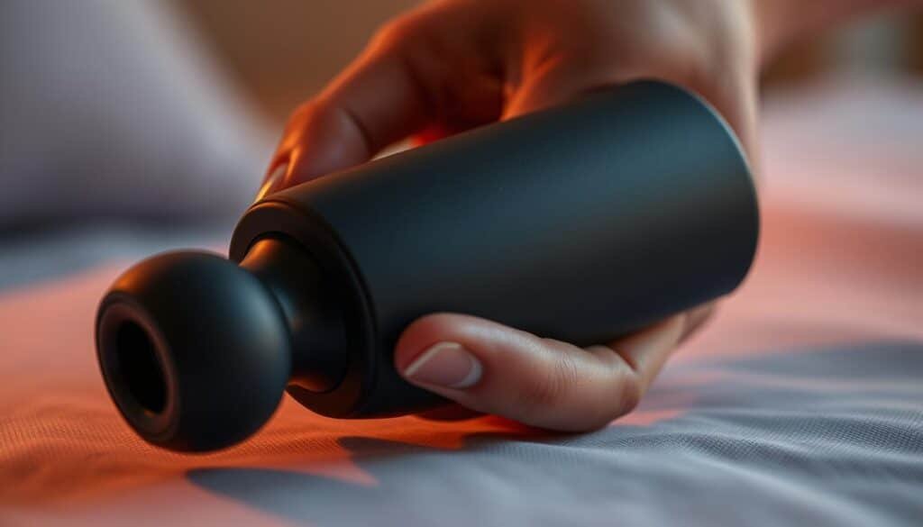 A close-up view of an ergonomic handheld massager with a sleek, modern design. The device has a smooth, contoured grip that fits comfortably in the palm of the hand, allowing for precise control and targeted massage. The surface is made of durable, high-quality materials with a matte finish, providing a premium feel. The massager is illuminated by soft, warm lighting that creates a soothing atmosphere, highlighting its refined aesthetic. The image is captured at an angle that showcases the massager's thoughtful ergonomics and attention to detail, emphasizing its practical and elegant design.