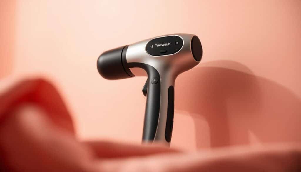 A close-up view of the Theragun Prime muscle recovery device, expertly crafted from sleek, high-quality materials. The device is positioned against a soft, neutral-colored background, allowing it to take center stage. The lighting is soft and diffused, creating a warm, inviting atmosphere that reflects the product's purpose of providing soothing muscle relief. The camera is angled slightly above the device, giving the viewer a sense of the Theragun's ergonomic design and intuitive controls. The image captures the Theragun's premium aesthetic, highlighting its advanced features and functionality in a visually compelling way.
