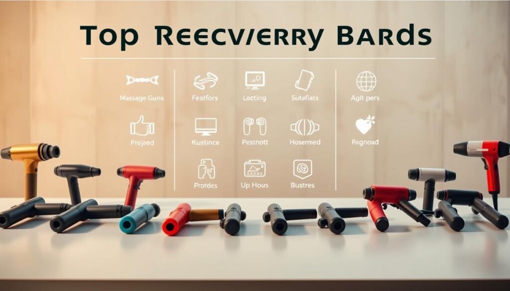A comparative analysis of top recovery brands, showcased in a sleek, modern layout. In the foreground, an array of high-quality massage guns in various colors, sizes, and designs, arranged neatly on a clean, minimalist surface. The middle ground features stylized icons and graphics highlighting the unique features and specifications of each brand, creating a visually striking and informative display. The background is a softly blurred, neutral-toned environment, allowing the products and information to take center stage. Warm, natural lighting casts a subtle glow, enhancing the premium feel of the scene. The overall composition exudes a sense of professionalism, attention to detail, and a desire to provide the viewer with a comprehensive, visually compelling comparison of the leading recovery brands.