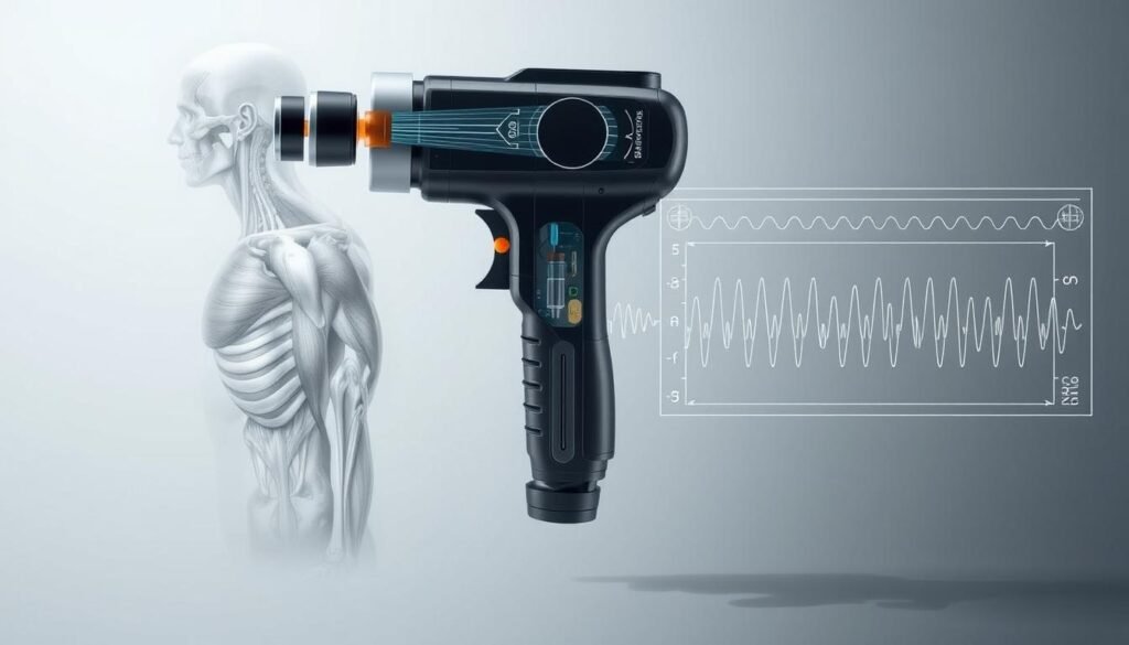 A cross-section diagram showcasing the science behind percussive therapy. In the foreground, a detailed anatomical illustration of muscles and connective tissue, highlighting the effects of targeted vibration and pressure. In the middle ground, a cutaway view of a high-tech massage gun, its internal components and mechanisms visible. In the background, a technical schematic displaying pressure and vibration wave patterns, demonstrating the physiological principles at work. Soft, muted lighting creates a clinical, educational atmosphere, with a clean, minimalist color palette of grays, blues, and whites. The overall composition conveys a sense of scientific rigor and medical precision.