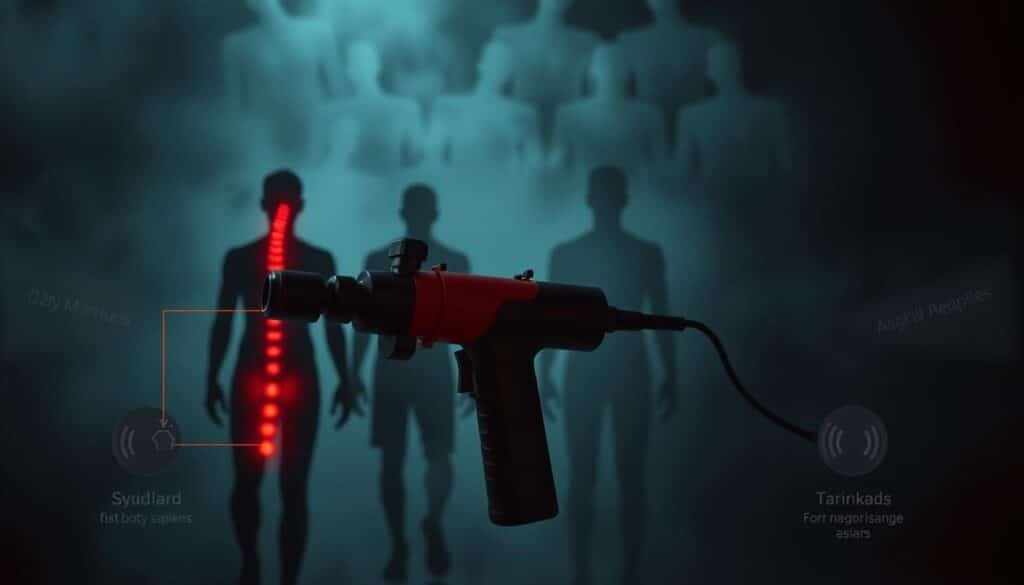 A dark, ominous scene of "dangerous massage gun zones". In the foreground, vital body parts are highlighted with glowing red markers, signaling areas to avoid: the spine, abdomen, temples, and other sensitive regions. The middle ground features a massage gun, its aggressive design and spinning attachments conveying potential harm. The background is hazy, with shadowy figures representing injuries and accidents. Dramatic chiaroscuro lighting casts ominous shadows, creating a sense of foreboding and caution. Captured with a wide-angle lens, the composition emphasizes the gravity of the situation, urging viewers to exercise extreme care when using a massage gun.