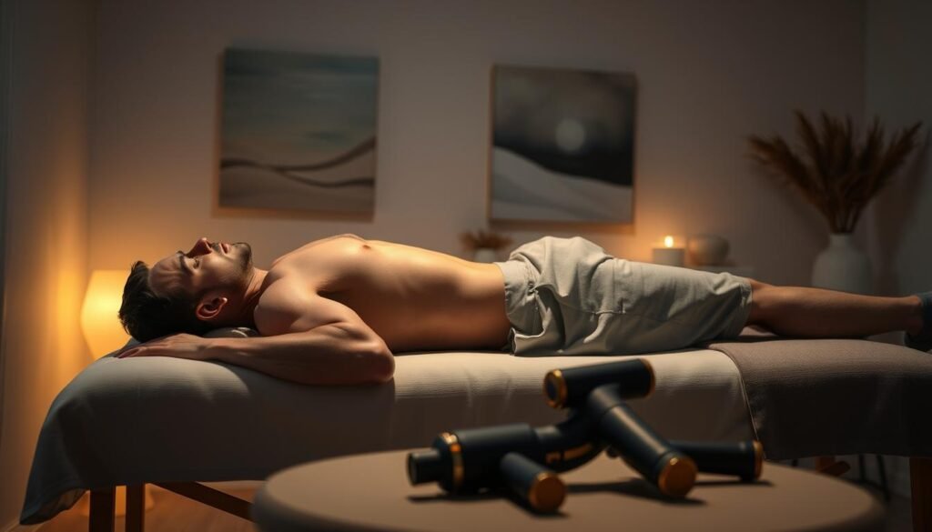 A deep tissue massage scenario in a serene, dimly lit room. In the foreground, a muscular, athletic figure lies prone on a massage table, their face relaxed as a skilled masseuse applies firm, kneading pressure to their lower back and gluteal region. Soft, warm lighting casts a soothing glow, creating a sense of tranquility. In the middle ground, various massage tools, such as a percussive massage gun, are neatly arranged on a side table, ready to be utilized. The background features calming, abstract artwork and minimalist decor, further enhancing the relaxing atmosphere. The overall mood is one of deep relaxation, therapeutic healing, and restorative recovery.