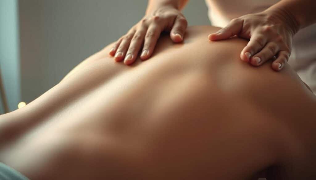 A deep tissue massage scene with a person's back visible, muscles visibly kneaded and relaxed under expert hands. Soft, warm lighting casts a gentle glow, creating a soothing, calming atmosphere. The focus is on the massage technique, highlighting its effectiveness in penetrating and relieving deep muscle tension. The composition emphasizes the massage's restorative power, with a minimalist background that doesn't distract from the central therapeutic action. Crisp, detailed rendering captures the textures of skin, muscle, and the masseuse's hands for a realistic, immersive depiction of deep tissue massage.