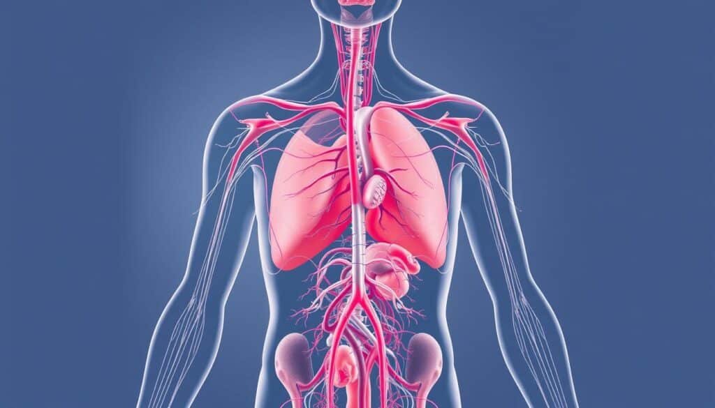A detailed anatomical illustration of the human lymphatic system, showcasing its intricate network of vessels, nodes, and organs. The structure is rendered in a crisp, technical style with precise linework and subtle shading, capturing the complexity and importance of this vital circulatory system. The image is set against a clean, minimalist background, allowing the lymphatic system to take center stage. Soft, directional lighting highlights the key anatomical features, creating depth and emphasizing the three-dimensional nature of the subject. The overall mood is one of scientific curiosity and educational clarity, perfectly suited to accompany the article's exploration of the lymphatic system and its role in fluid retention.