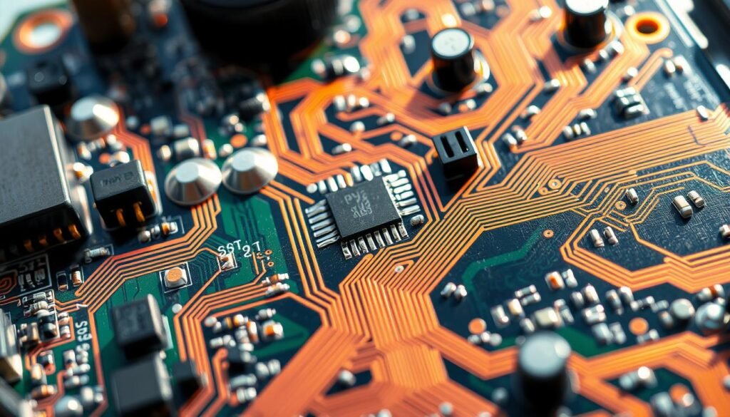 A detailed close-up view of a massage gun's circuit board, showcased under bright, natural lighting conditions. The board's intricate layout of electronic components, copper traces, and solder points is displayed in sharp focus, inviting a closer inspection. The overall scene conveys a sense of technical precision and functionality, as if the viewer is examining the inner workings of the device. The image provides a clear visual reference for understanding the key internal elements that contribute to the operation of a massage gun.