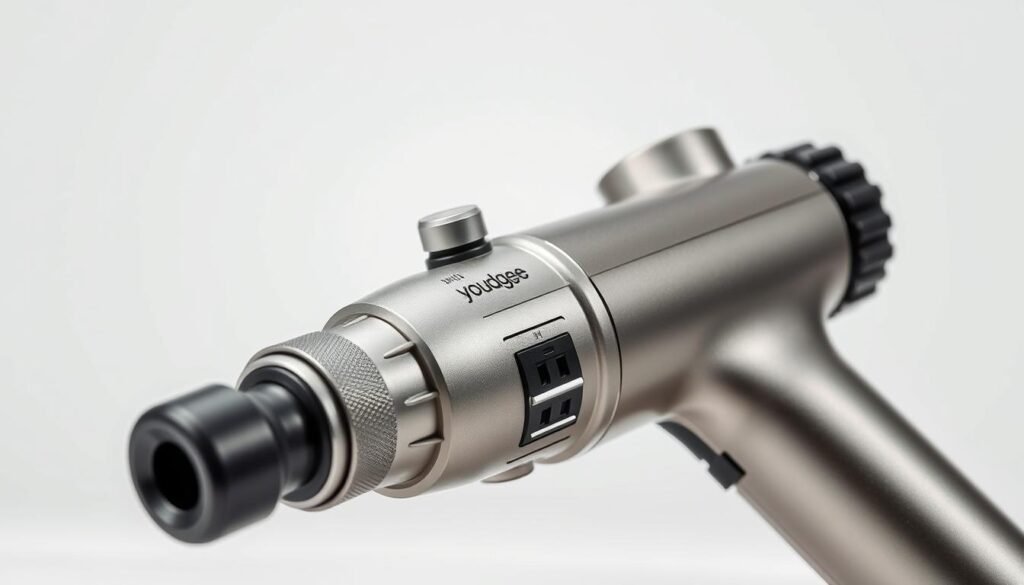 A detailed, high-resolution close-up image of the Youdgee massage gun, showcasing its key features. The gun is positioned at a slight angle, capturing its ergonomic grip, various speed and intensity settings, and attachable massage heads. The metallic body gleams under crisp, directional lighting, highlighting the intricate textures and contours. The background is a clean, white studio setting, allowing the device to be the central focus. The overall mood is one of technical precision and product design excellence, conveying the quality and functionality of this muscle recovery tool.