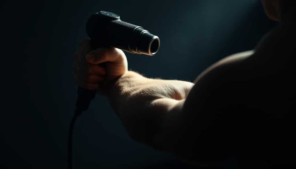 A dimly lit, close-up view of a muscular human arm, showcasing the use of a pulse massage gun on the deep tissue. The gun is gently yet firmly pressing into the flesh, creating a sense of focused intensity. The lighting is dramatic, casting long shadows and highlighting the contours of the arm. The background is blurred, keeping the attention solely on the technical recovery process unfolding. The overall mood is one of purposeful, therapeutic application, conveying the efficacy of the pulse massage technique for deep tissue recovery.