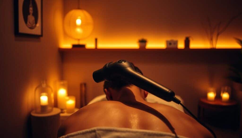 A dimly lit, cozy massage studio with soothing ambient lighting. In the foreground, a person's back is visible, as they receive a deep tissue massage using a travel-friendly percussion therapy device. The massager's vibrations are visible, conveying the therapeutic benefits of this targeted muscle recovery technique. In the middle ground, various massage tools and accessories are neatly arranged, hinting at the comprehensive nature of percussion therapy. The background features a minimalist, zen-inspired decor, creating a tranquil atmosphere conducive to relaxation and healing.