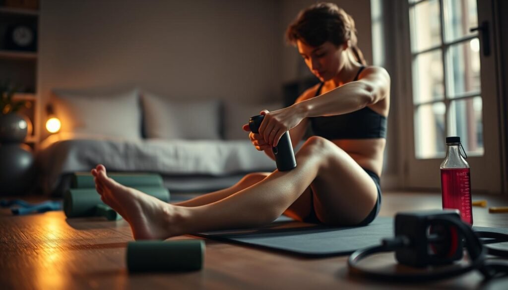 A dimly lit home gym, a person sitting on a workout mat, gently massaging their calf with a sleek, modern-looking pulse massage gun. Diffused lighting casts a warm, soothing glow, creating a tranquil atmosphere. The focus is on the recovery process, with the massage gun as the centerpiece, surrounded by scattered foam rollers, resistance bands, and a hydration bottle. The overall scene conveys a sense of intentional, thoughtful post-workout self-care, optimizing the recovery routine for maximum benefit.