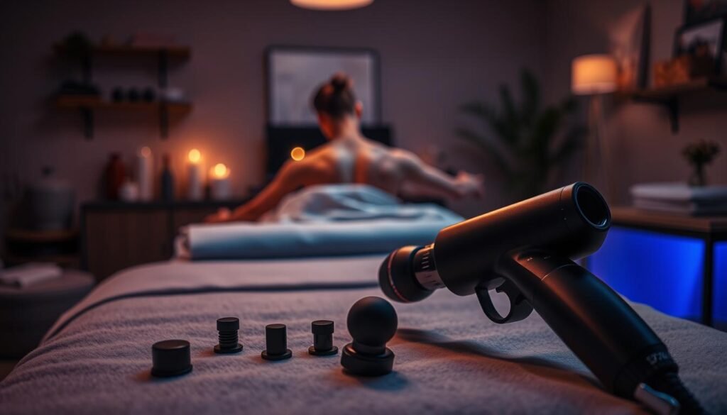 A dimly lit massage studio filled with therapeutic tools. In the foreground, a percussive massage gun rests on a plush massage table, its attachments arranged neatly. The middle ground depicts a person receiving a focused, targeted massage on their back, their muscles visibly relaxing. In the background, soothing lighting and calming decor create a tranquil, restorative atmosphere. The scene conveys the benefits of percussive therapy - relieving muscle tension, improving blood flow, and promoting relaxation.