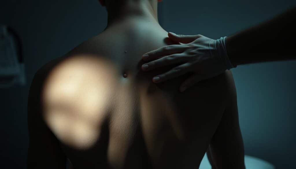 A dimly lit medical examination room, with a close-up view of a human back. The skin is exposed, revealing several distinct knots or trigger points along the spine and shoulder blades. A pair of skilled hands, illuminated by a soft, directional light, are applying targeted pressure to these sensitive areas, inducing a therapeutic release of tension and pain. The scene conveys a sense of focused, intentional treatment, with a calming, clinical atmosphere enhanced by muted tones and subtle shadows. The overall impression is one of scientific understanding and the application of evidence-based techniques for effective pain management.