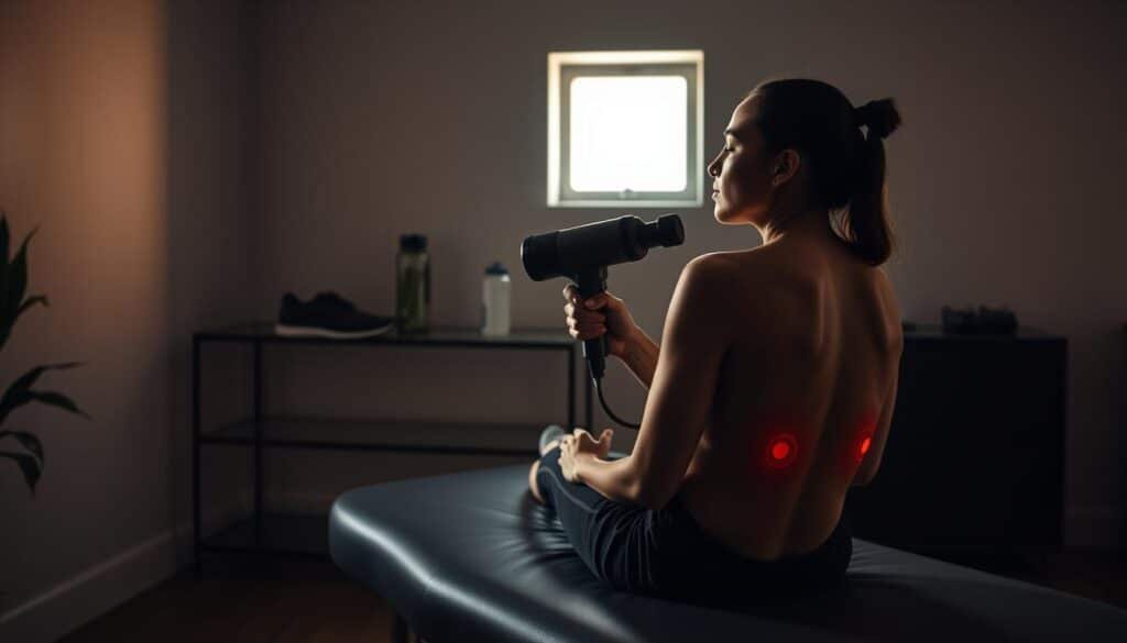 A dimly lit, minimalist home gym scene. In the foreground, a person sitting on a massage table, eyes closed, as a massage gun applies pressure to their lower back. Soft, warm lighting casts a soothing glow, while in the middle ground, a pair of running shoes and a water bottle rest on a sleek, modern shelf. The background features a neutral-toned wall, with a small window letting in just enough natural light to create a tranquil, post-workout atmosphere. The overall tone is one of relaxation and recovery, with a focus on the effective use of a massage gun to alleviate muscle soreness.