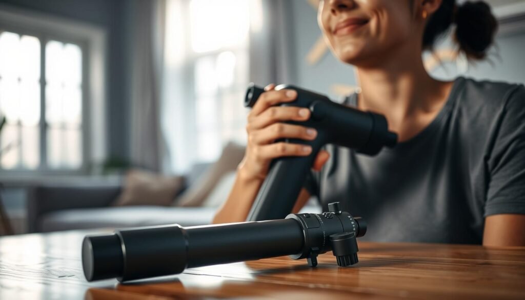 A dimly lit room, soft natural light filtering through a window, casting a warm glow on the scene. In the foreground, a person's hand gently massaging their own neck, their expression one of relief and relaxation. In the middle ground, a sleek, modern percussive massage gun rests on a wooden table, its ergonomic design and array of attachments suggesting its versatility in everyday pain relief. The background is blurred, hinting at a cozy, inviting atmosphere, perhaps a living room or bedroom, where this moment of self-care and rejuvenation takes place.