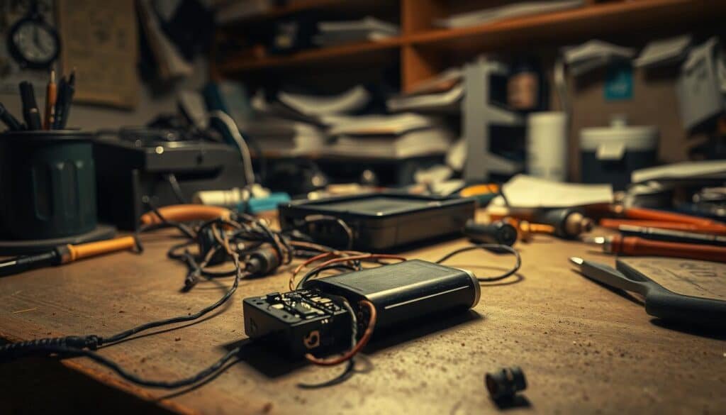 A dimly lit workbench, scattered with tools and electronic components. In the foreground, a disassembled battery pack, its contacts exposed, inviting closer inspection. Surrounding it, a tangle of wires and connectors, hinting at the intricate troubleshooting process. The middle ground features a handheld device, its casing open, revealing the inner workings. Soft, warm lighting casts subtle shadows, creating a contemplative, focused atmosphere. In the background, shelves hold an array of spare parts and reference materials, suggesting a well-equipped workshop dedicated to solving technical problems.