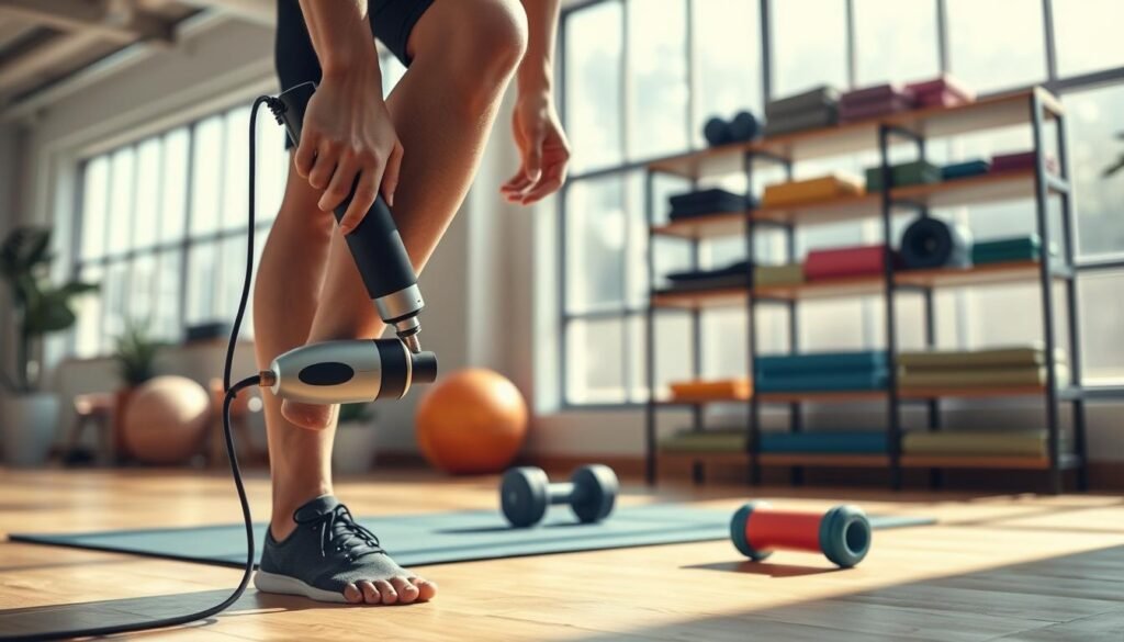 A fitness studio interior with natural lighting flooding through large windows. In the foreground, a person using a massage gun on their calf muscle, integrating recovery into their exercise routine. In the middle ground, a yoga mat and dumbbells signify the exercise component. The background features shelves with recovery tools like foam rollers and resistance bands, emphasizing the holistic approach to fitness. The overall mood is one of balance, wellness, and the synergy between exercise and recovery.