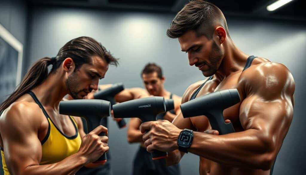 A group of professional athletes using the Hyperice Hypervolt 2 Pro massage gun, set against a sleek, modern background. The athletes, clad in athletic gear, are shown receiving targeted muscle therapy on their biceps, quads, and other major muscle groups. The lighting is bright and evenly diffused, highlighting the ergonomic design and premium materials of the massage gun. The scene conveys a sense of focused, intentional recovery, with the Hypervolt 2 Pro as the centerpiece of this high-performance, state-of-the-art recovery regime.