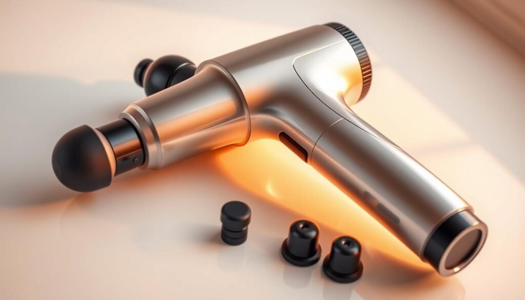 A high-amplitude massage gun rests on a clean, white surface, its sleek, metallic body glistening under warm, directional lighting. The device's ergonomic handle and array of massage heads are prominently featured, conveying its powerful yet precise capabilities. The background is softly blurred, allowing the massage gun to be the central focus, exuding a sense of quality, performance, and professionalism. The overall scene evokes a premium, high-end product that would be well-suited for the "Product Spotlight" section of the "Best Value Massage Gun" article.