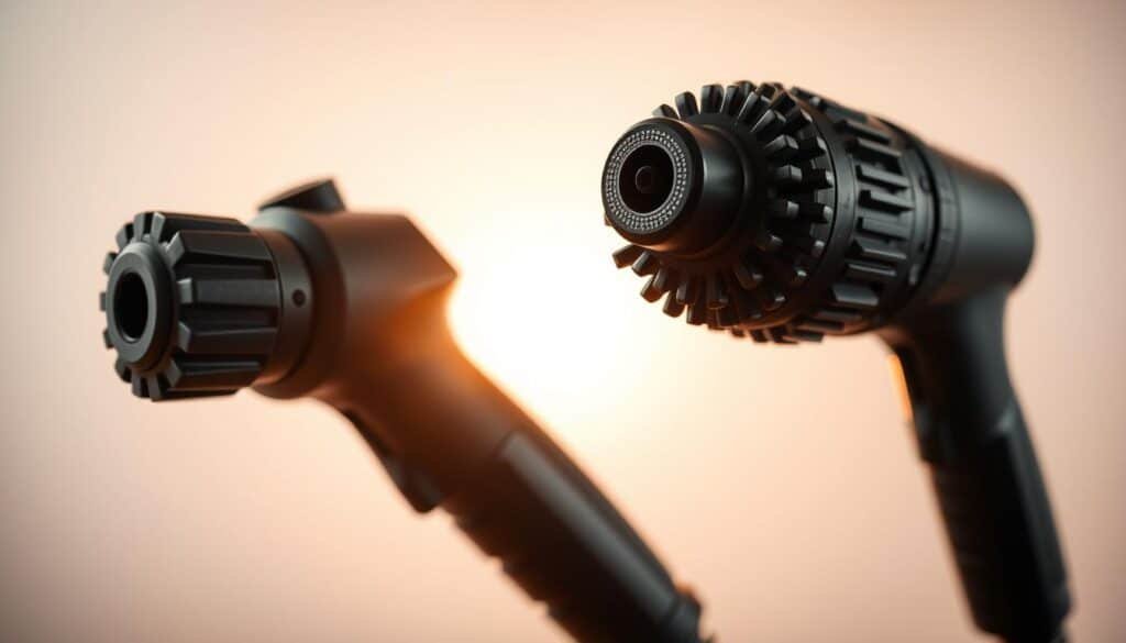 A high-contrast, macro-level comparison between two massage gun heads, showcasing their distinct speed and percussion capabilities. In the foreground, a powerful, heavy-duty massage gun head with a low-speed, deep-penetrating percussion action. In the middle ground, a lightweight, rapid-fire massage gun head with a high-speed, broad-range percussion. Backlit by a soft, diffused light to highlight the textural details of the gun heads. Captured from a slightly angled, close-up perspective to emphasize the scale and mechanics of the percussion range. The overall mood is one of technical precision and functional performance, conveying the tools' ability to provide effective muscle therapy.