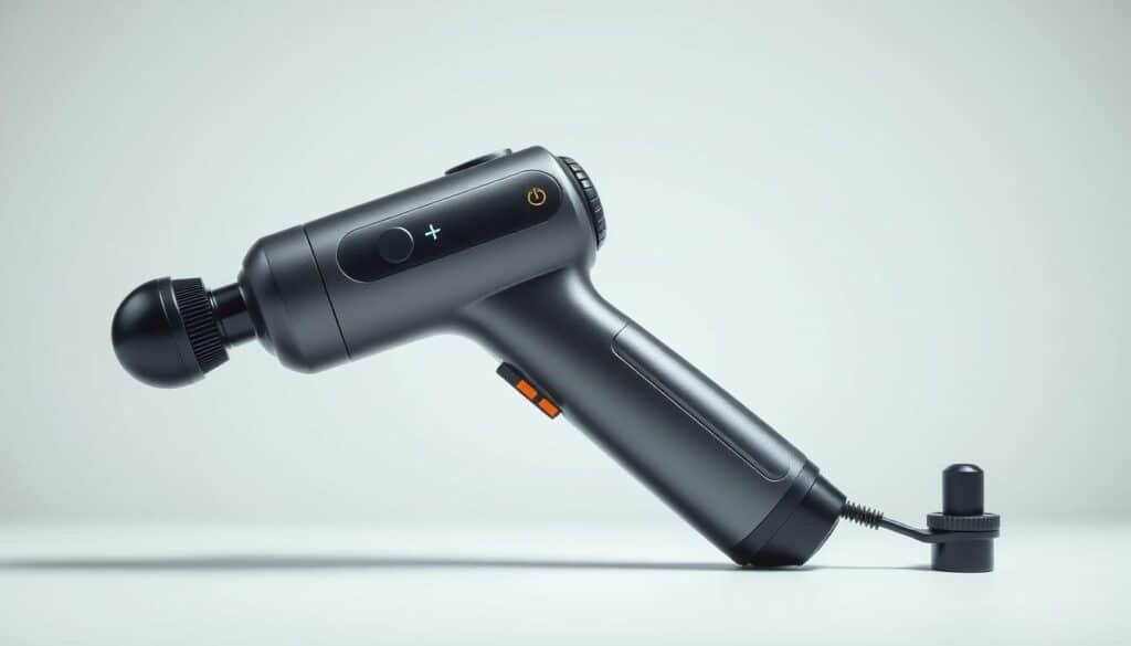 A high-quality, detailed close-up shot of a Theragun Mini massage gun, showcasing its key features. The device is positioned against a clean, minimalist white background, allowing the product to be the sole focus. Lighting is soft and flattering, highlighting the sleek, ergonomic design and various control buttons and attachments. The image captures the massage gun from multiple angles, showcasing its compact size, powerful percussive mechanism, and user-friendly interface. The overall mood is professional, clinical, and product-focused, emphasizing the Theragun Mini's practical benefits and premium quality.