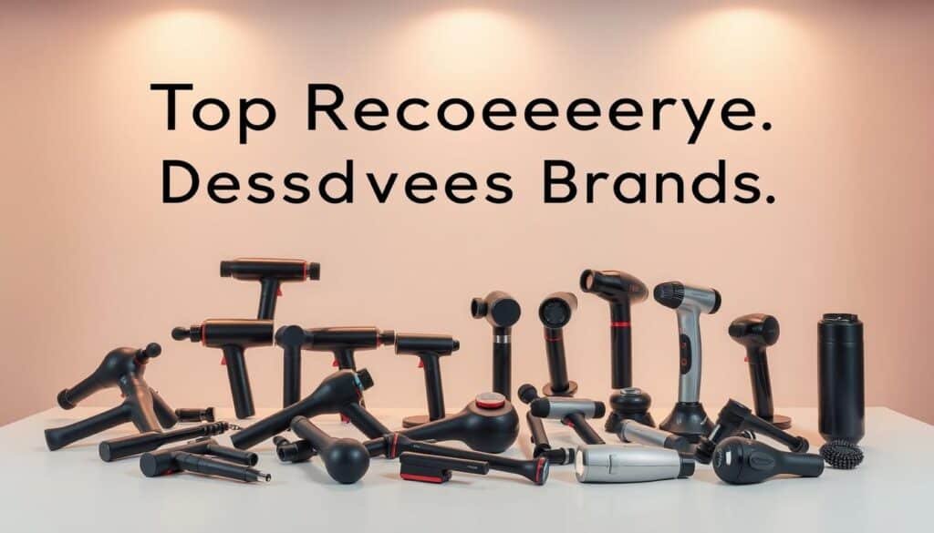 A high-quality, well-lit studio photograph showcasing the top recovery device brands. In the foreground, an array of various massage guns, percussion massagers, and vibration therapy devices are neatly arranged on a clean, minimalist table or surface. The middle ground features a clean, neutral background, allowing the products to be the focal point. Subtle, warm lighting from above illuminates the products, highlighting their sleek designs and premium finishes. The overall mood is professional, informative, and visually appealing, conveying the high-quality and versatility of the featured recovery device brands.