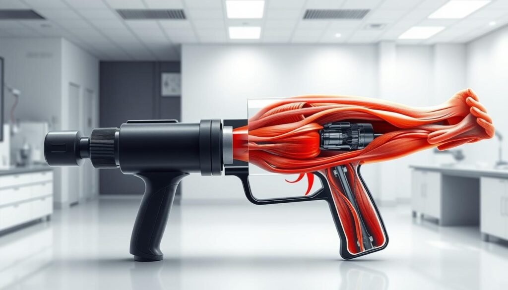A high-resolution, detailed image depicting the science behind percussive therapy for deep tissue recovery. The foreground shows a cutaway view of a human limb, revealing the intricate muscle structure and circulatory system. The middle ground showcases a state-of-the-art percussive massage gun, its internal components and mechanism visible. The background features a neutral, minimalist laboratory setting with clean, white surfaces and scientific equipment. Crisp, even lighting illuminates the scene, creating a sense of clinical precision. The overall mood is one of scientific inquiry and the application of technology to promote physical healing and rehabilitation.