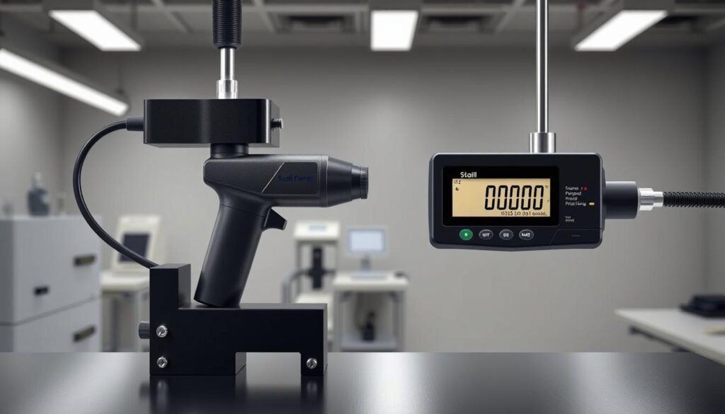A highly detailed, scientifically accurate diagram of a stall force measurement setup. In the foreground, a handheld massage gun device is securely clamped in place, its stall force being precisely recorded by an advanced digital force gauge. The middle ground showcases a clean, well-lit laboratory environment with technical equipment, conveying a sense of professionalism and rigorous testing. The background features muted, neutral tones to focus attention on the central subject. Crisp, high-resolution imagery with perfect lighting and camera angles, rendering every component with meticulous detail to illustrate the importance of stall force in evaluating the performance of a handheld massage device.