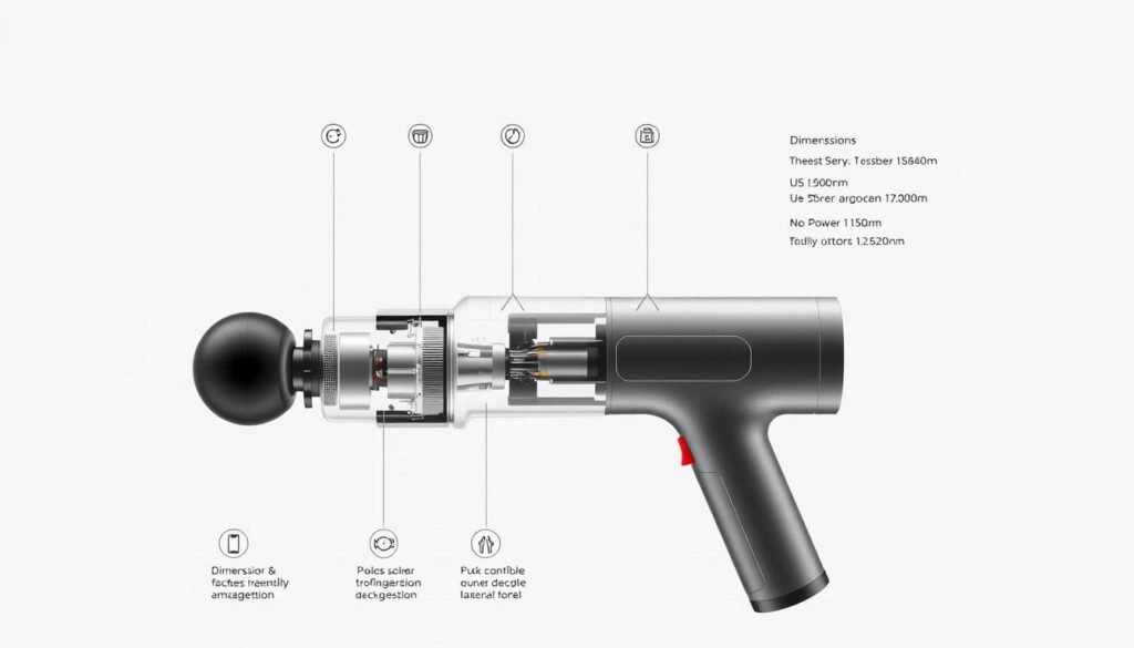 A highly detailed, technical specifications diagram of a Pursonic Professional Cordless Rechargeable Massage Gun, showcasing its internal components and functionality. The diagram features a clean, minimalist layout with a light, monochromatic color scheme, highlighting the device's sleek and modern design. The foreground displays a cutaway view of the massage gun, exposing its intricate inner workings, including the motor, gearbox, and power supply. The middle ground showcases various technical details and measurements, such as dimensions, weight, and power output, presented in a clear and organized manner. The background features a simple, grid-like pattern, providing a subtle and unobtrusive context for the technical information. The overall impression is one of precision, functionality, and attention to detail, perfectly suited to illustrate the "Technical Specifications & Use Instructions" section of the article.