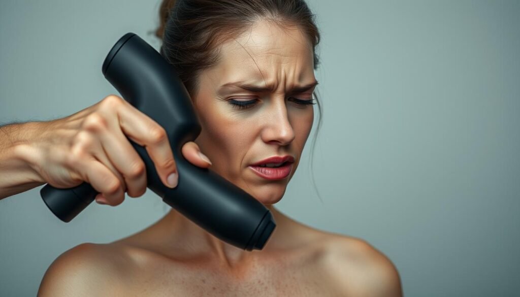A massage gun is wielded clumsily, with poor grip and haphazard technique. The device is held at an awkward angle, pressing too hard against the skin, causing distress rather than relief. The model's facial expression conveys discomfort, brow furrowed, teeth gritted. The background is a plain, minimalist setting, drawing focus to the flawed massage technique in the foreground. Soft, diffused lighting creates a somber, cautionary mood, emphasizing the need for proper form and responsible usage of massage tools.