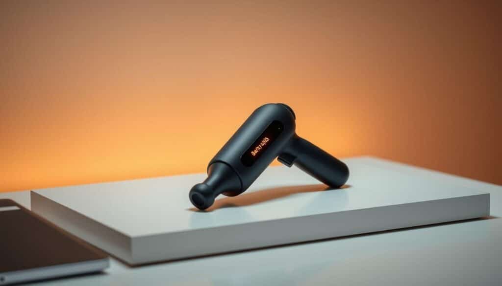 A massage gun resting on a sleek, modern desk, its battery life display glowing softly against a clean, minimalist background. The device is captured at a slightly elevated angle, highlighting its ergonomic design and intuitive controls. Warm, indirect lighting casts a gentle, focused illumination, creating a sense of focus and attention to detail. The scene conveys a sense of efficiency, reliability, and the seamless integration of technology into a wellness-focused lifestyle.