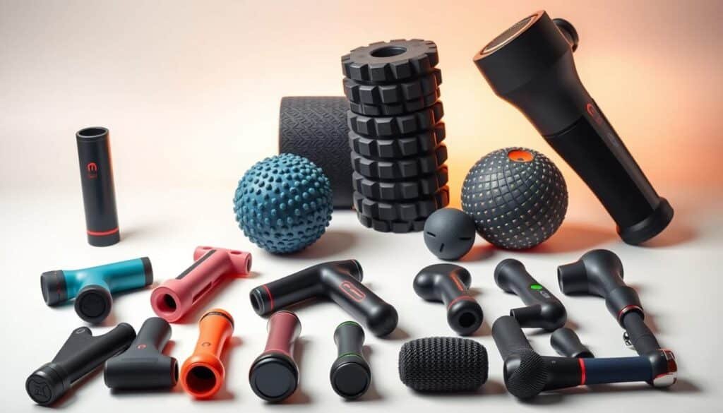A meticulously crafted array of budget-friendly massage devices, arranged on a clean, minimalist background. The foreground showcases an assortment of portable, handheld massagers in a variety of colors and designs, each promising effective muscle relief at a fraction of the cost of high-end models. In the middle ground, a selection of vibrating foam rollers and trigger point therapy balls, all designed to deliver deep tissue massage without breaking the bank. The background is subtly lit, casting a warm, inviting glow that emphasizes the practical, utilitarian nature of these affordable recovery tools. The overall composition conveys a sense of accessibility and value, reflecting the needs of the modern consumer seeking effective self-care solutions on a budget.