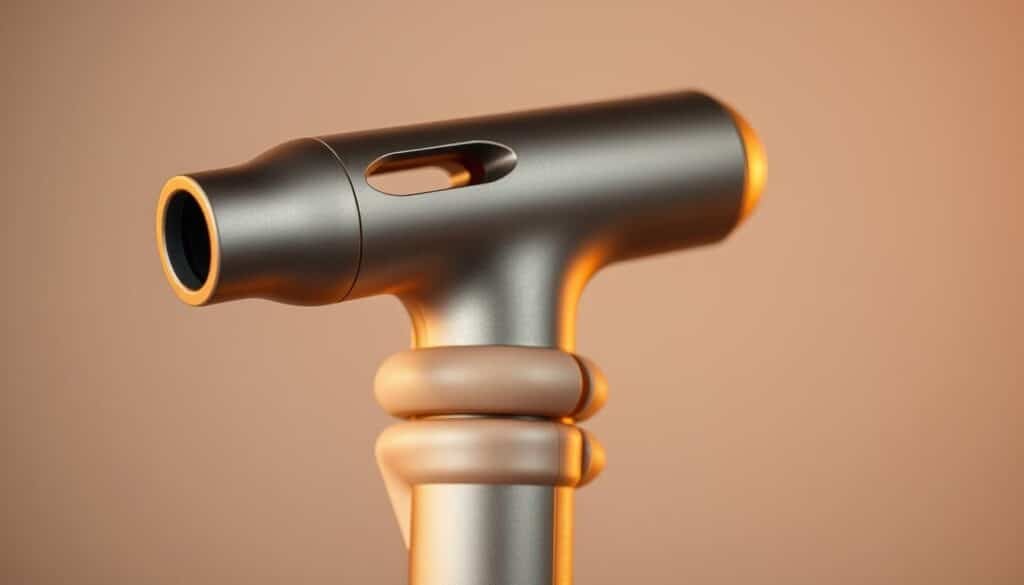 A minimalist, close-up view of an ergonomic, handheld massage gun. The metallic, contoured handle features a matte, soft-touch grip that seamlessly blends into the body. Elegant curves and strategic cutouts promote a comfortable, natural hold. Warm, directional lighting highlights the smooth, tactile surfaces and clean design lines. The image showcases the thoughtful attention to ergonomics and user experience, emphasizing the massage gun's intuitive, easy-to-use form factor.